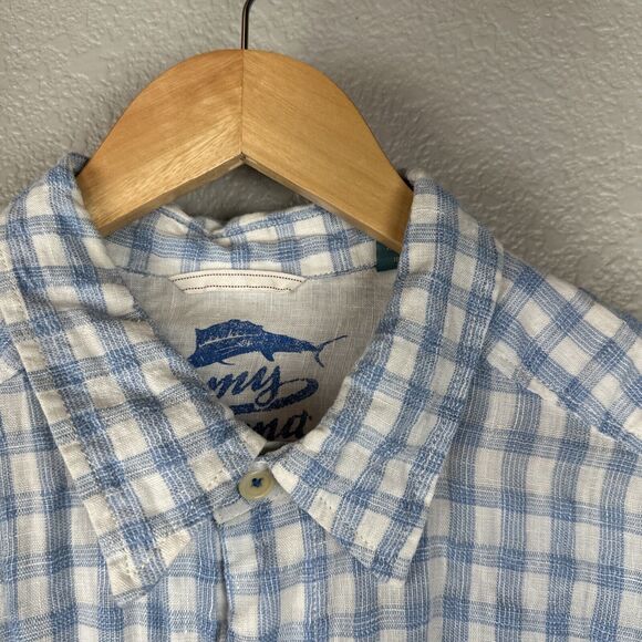 Tommy Bahama Mens Button Up Long Sleeve Shirt Large Blue White Check 100% Linen - Picture 2 of 8